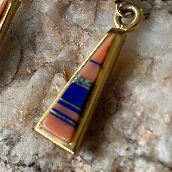 18K GOLD Zuni Native American Vintage Multi-stone Dangle Earrings - Picture 2 of 15